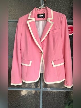 DKNY Pink Ivory Contrast Piping Blazer Barbiecore Preppy Women’s 14